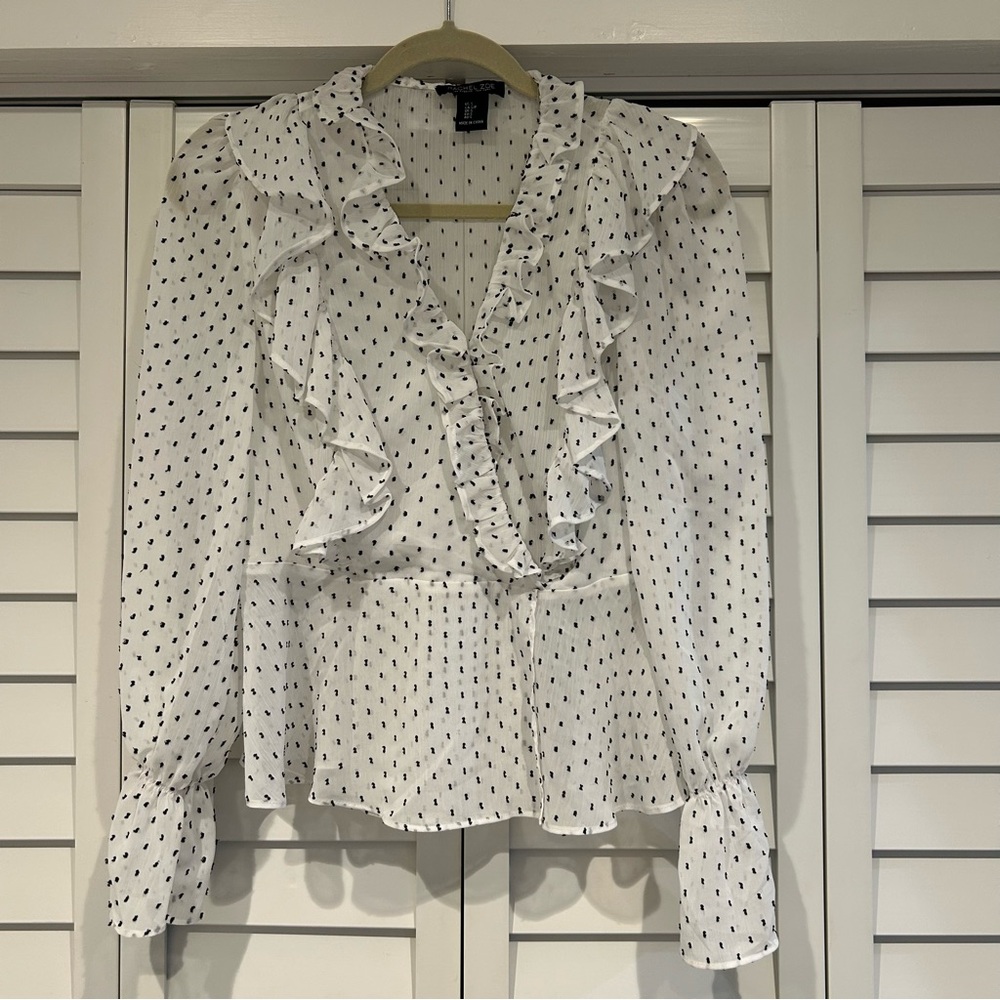 Small Rachel Zoe Black & White Polka Dot Ruffle Blouse